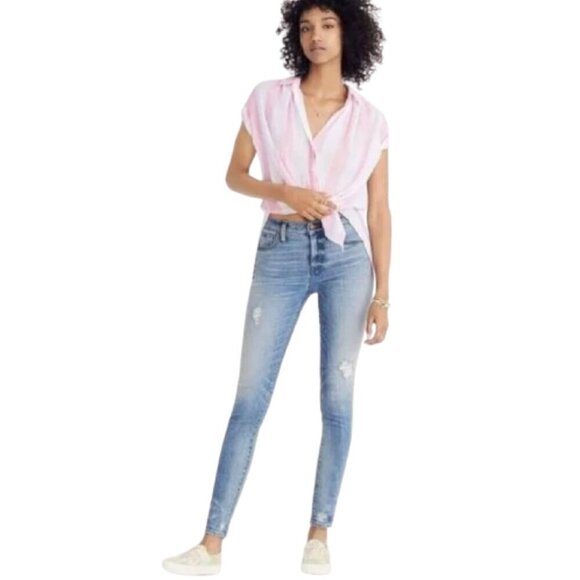 Madewell Denim - Women's 26 Madewell 9” High Rise Skinny Light Blue Jeans Destructed Hem Edition